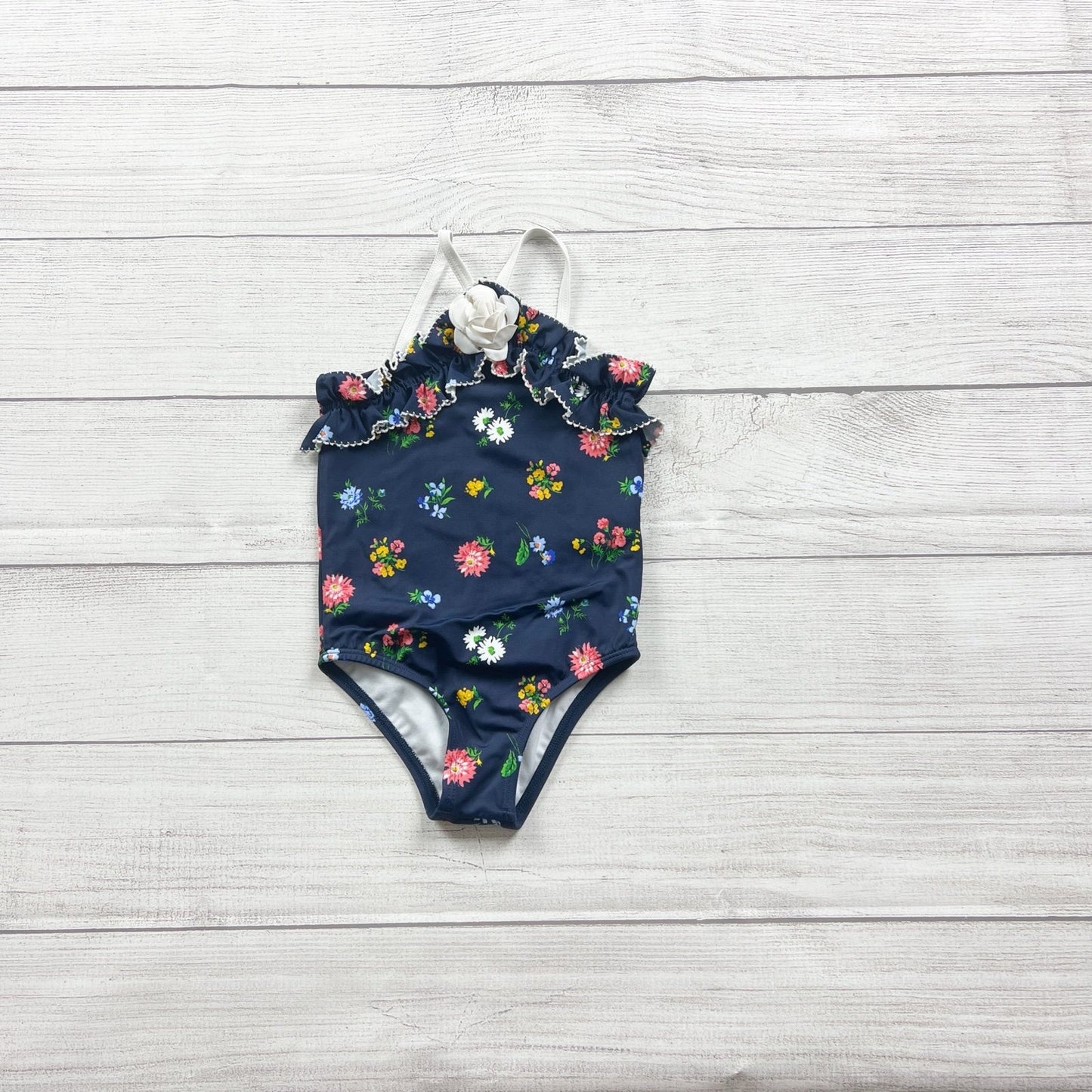 Janie and Jack Toddler Girl One Piece Swimsuit Navy Floral Ruffle Halter 2T