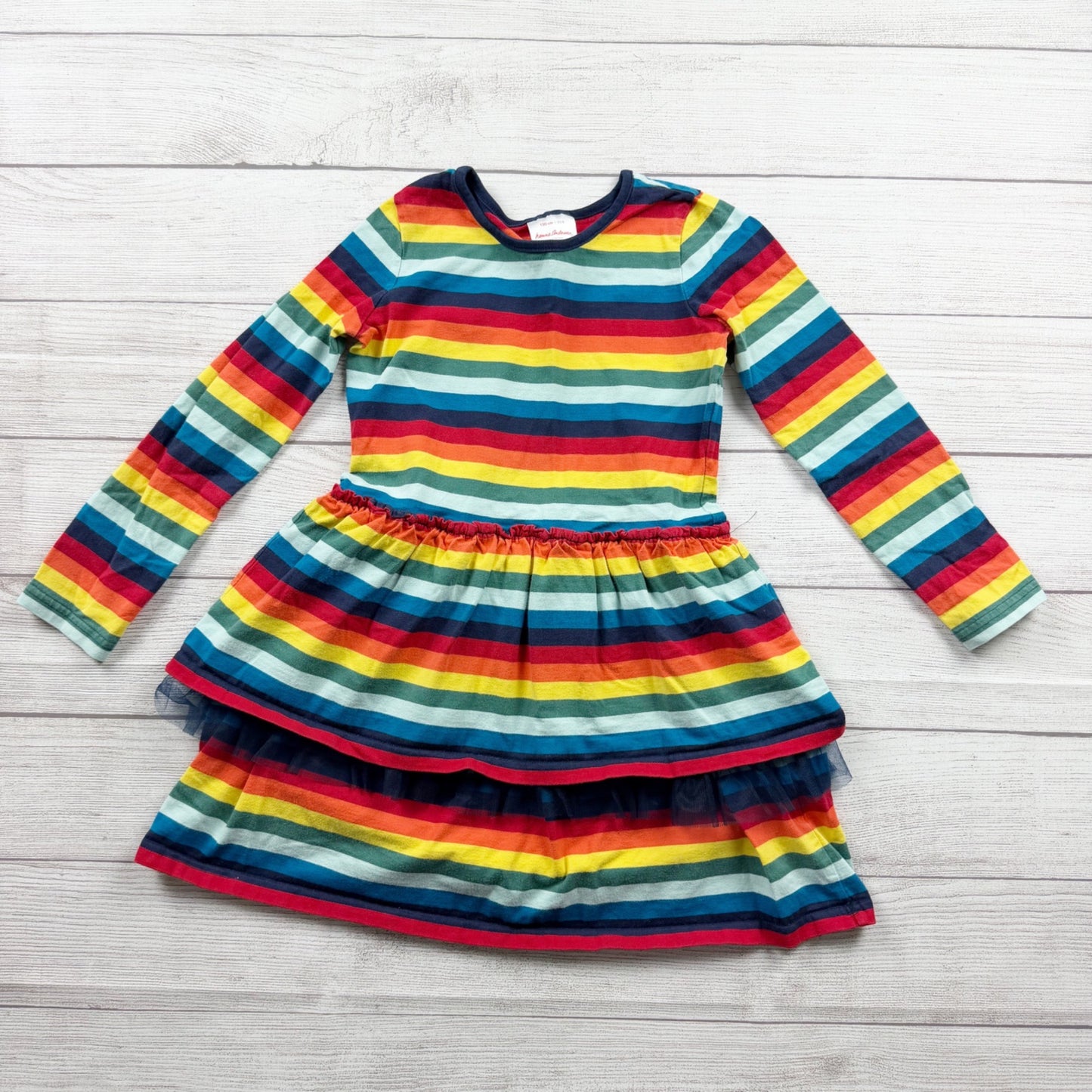 Hanna Andersson Girls Rainbow Stripe Dress Long Sleeve Tulle Accented Skirt 8