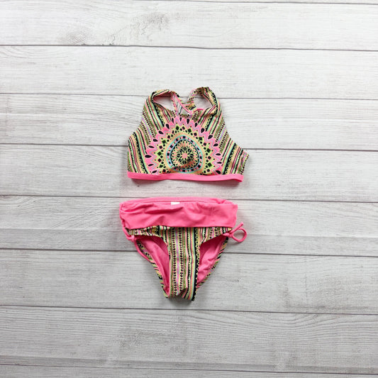 Justice Girls Bikini Swimsuit Pink Tribal 2 Piece Halter Top Tie Side Bottoms 6