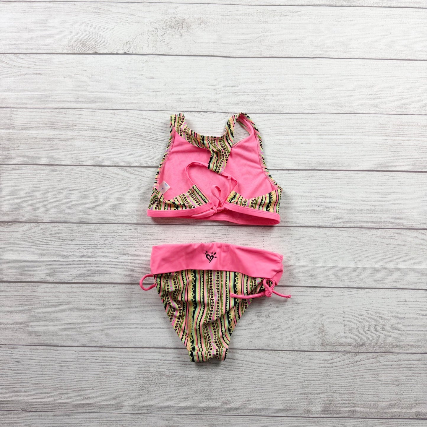 Justice Girls Bikini Swimsuit Pink Tribal 2 Piece Halter Top Tie Side Bottoms 6