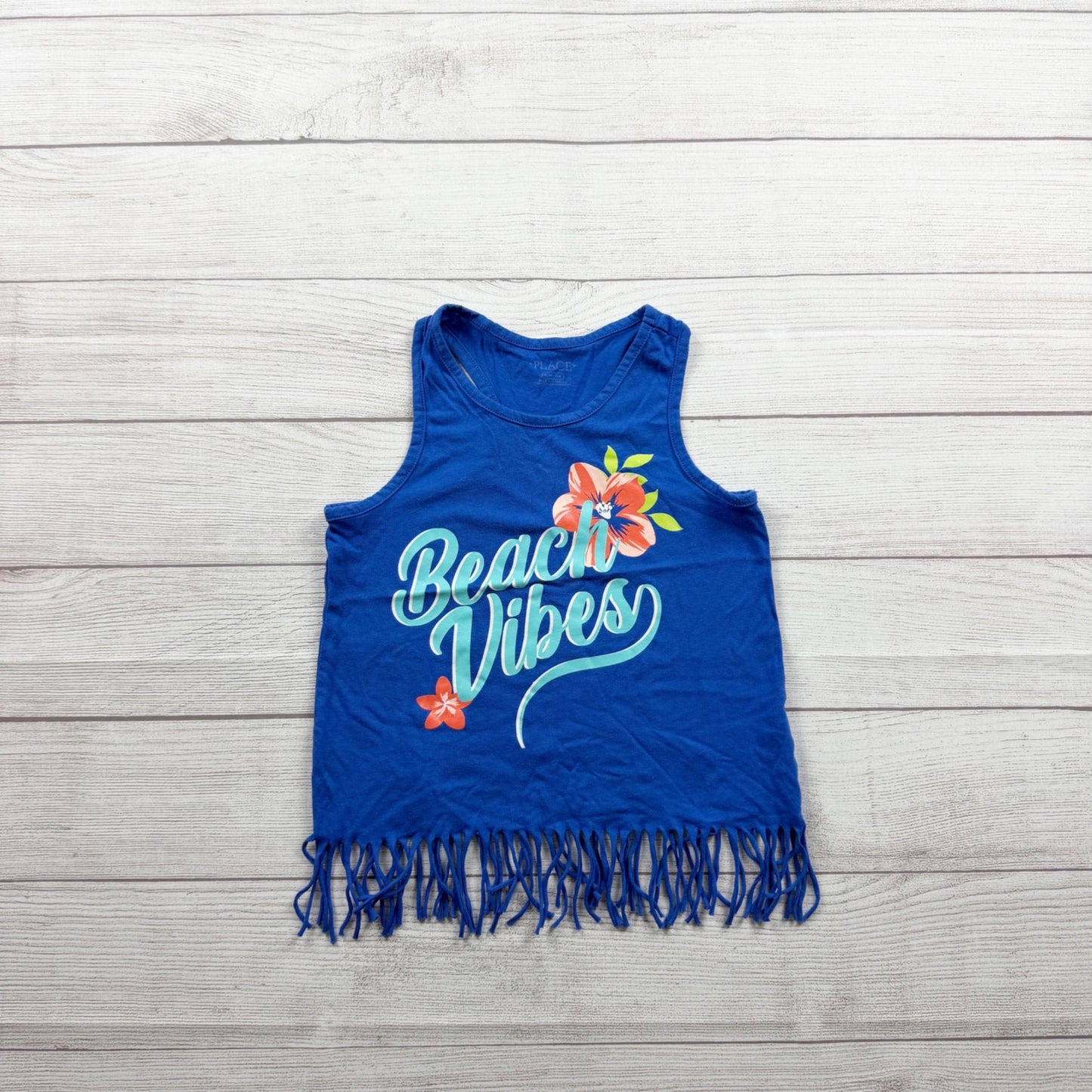Children’s Place Girls Blue Fringe "Beach Vibes" Graphic Tank Top M 7-8