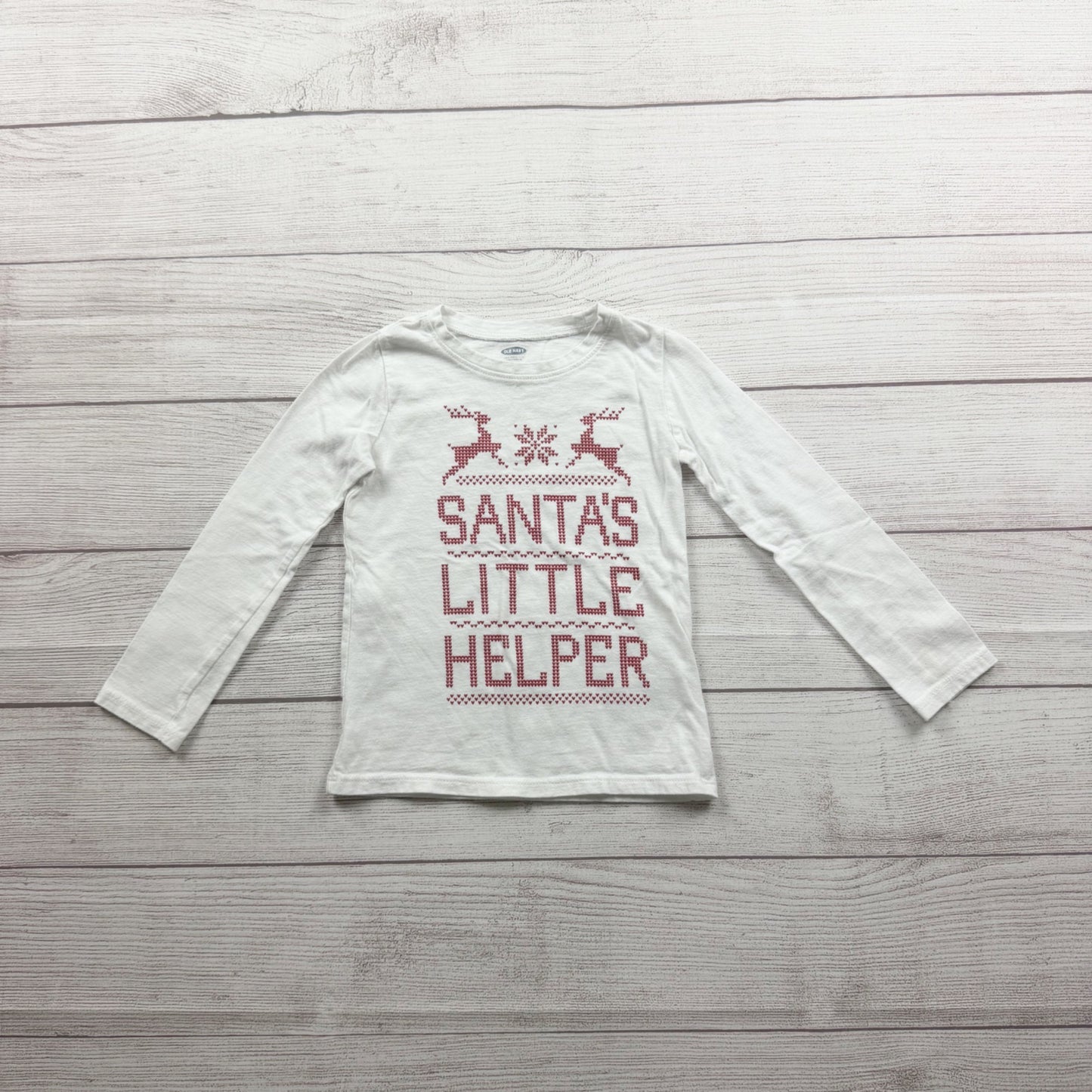 Old Navy Girls Santas Little Helper White Long Sleeve Shirt Lightweight Cotton 3T