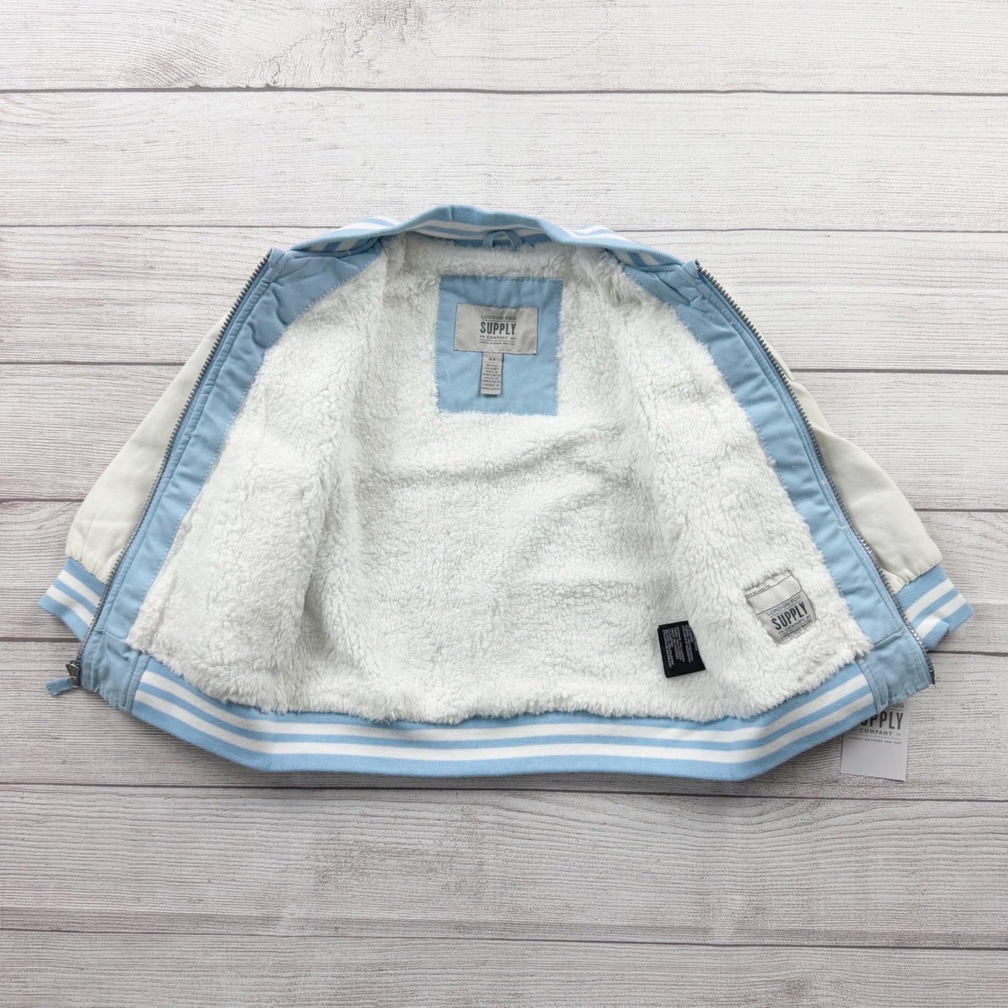 London Fog Toddler Varsity Jacket Blue White Sherpa Lined Bomber Zip Up 4T