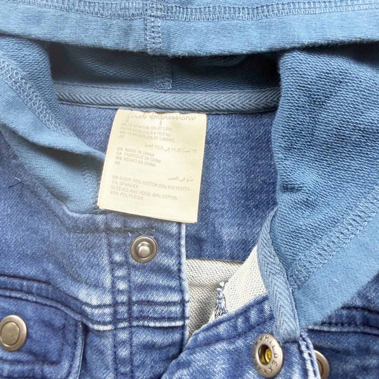 First Impressions Baby Denim Hoodie Jacket Blue Lightweight 12-18 Months