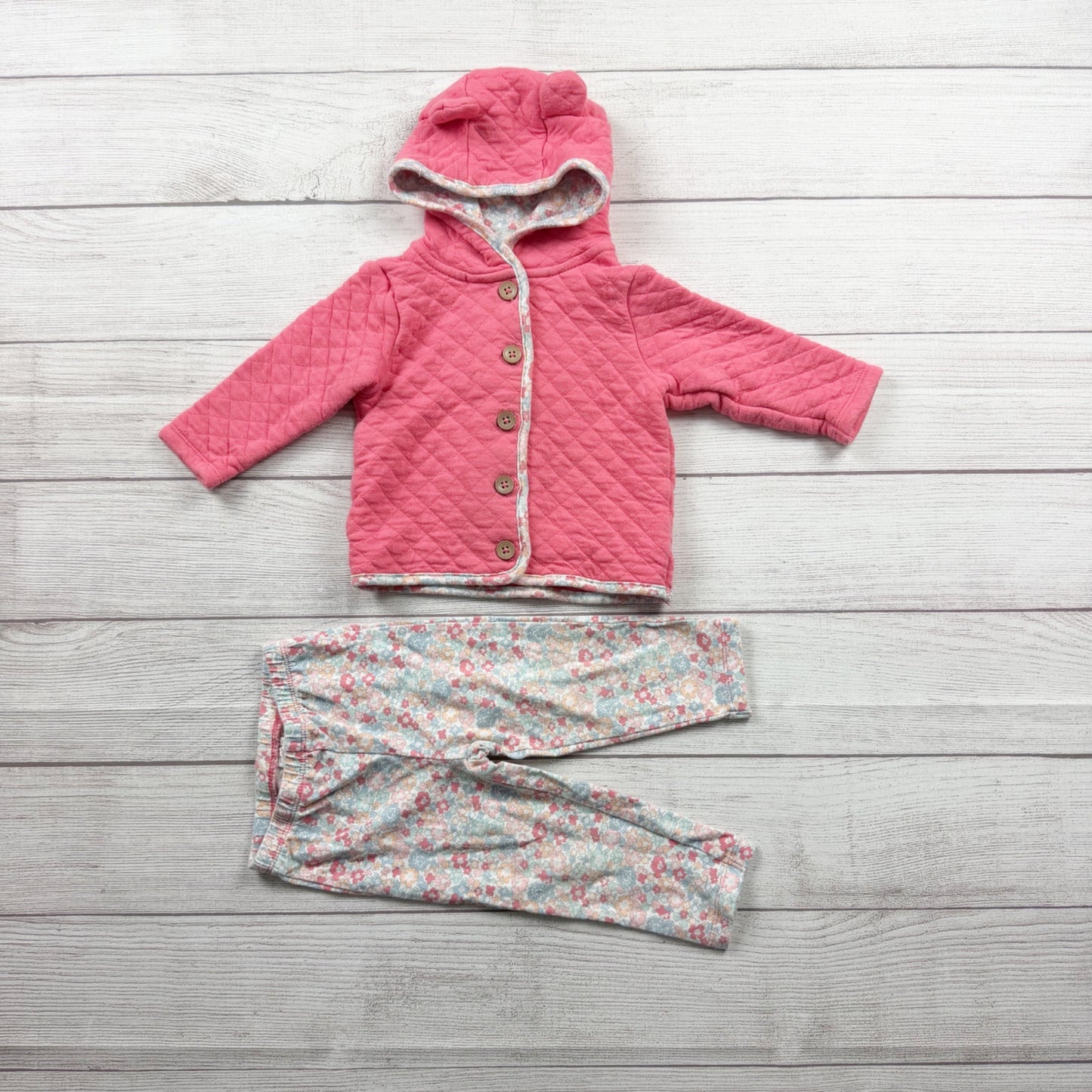 Carter’s Floral 2 Piece Pink Quilted Hooded Jacket Leggings Outfit 9-12 Months