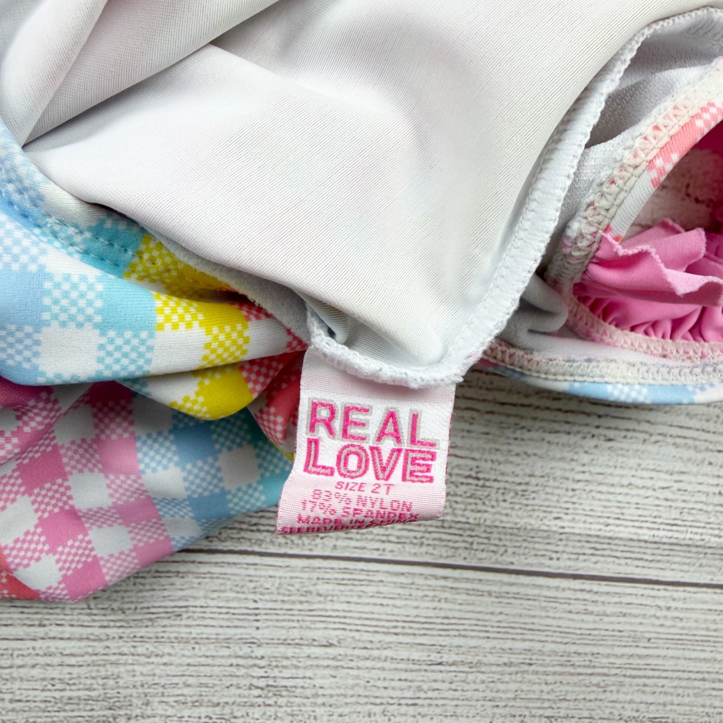 Real Love Toddler Girl One Piece Swimsuit Pastel Gingham Plaid Ruffle 2T