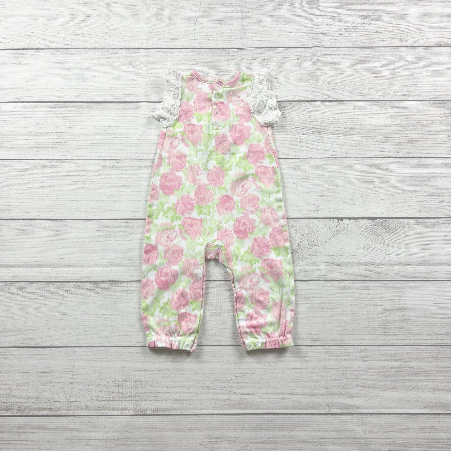 Laura Ashley Baby Girl Romper Floral One Piece Lace Ruffle Sleeves 6-9 Months
