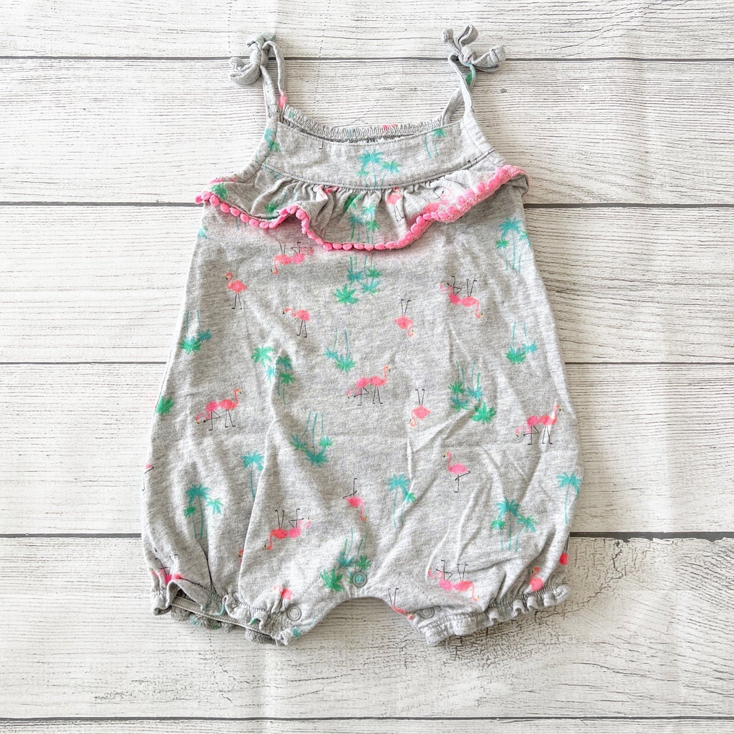 Carter’s Baby Girl Flamingo Romper Tropical Print Pom Pom Trim 9-12 Months