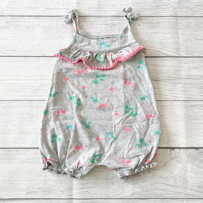 Carter’s Baby Girl Flamingo Romper Tropical Print Pom Pom Trim 9-12 Months