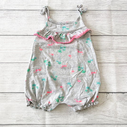 Carter’s Baby Girl Flamingo Romper Tropical Print Pom Pom Trim 9-12 Months