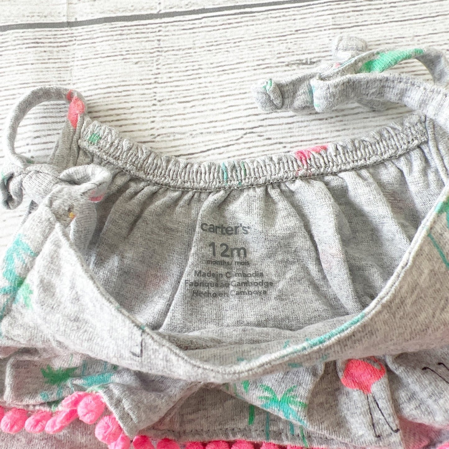 Carter’s Baby Girl Flamingo Romper Tropical Print Pom Pom Trim 9-12 Months