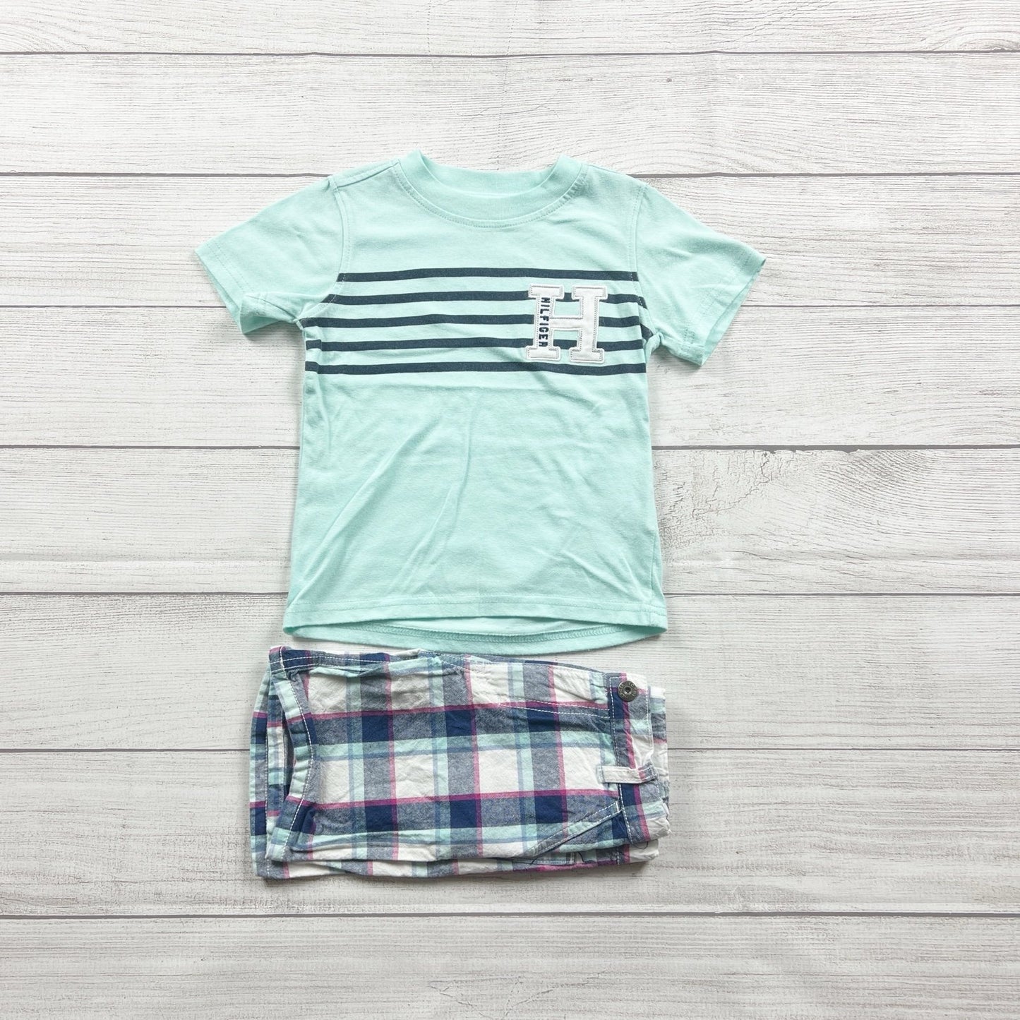 Tommy Hilfiger Toddler Outfit Set Stripe “H” Tee + Plaid Shorts 2-Piece 3T