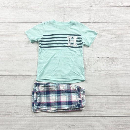 Tommy Hilfiger Toddler Outfit Set Stripe “H” Tee + Plaid Shorts 2-Piece 3T