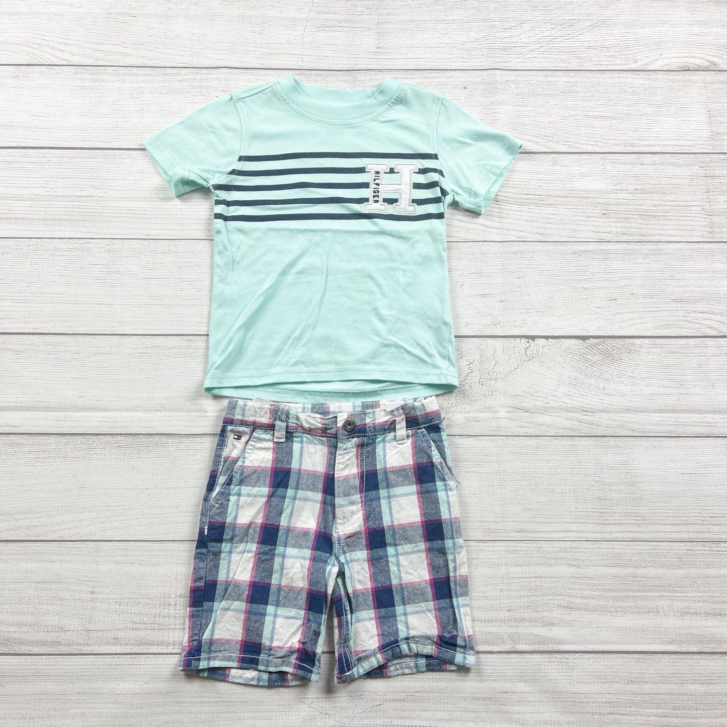 Tommy Hilfiger Toddler Outfit Set Stripe “H” Tee + Plaid Shorts 2-Piece 3T