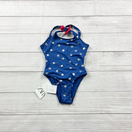 Zara Girls Swimsuit Blue Silver Star One Piece Red Bow Patriotic NWT 6-7