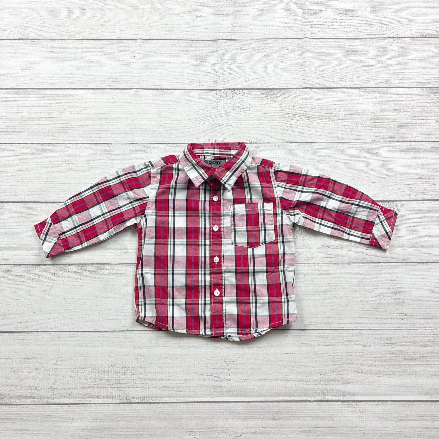 DKNY Infant Boys Plaid Button Up Shirt Red Long Sleeve Collared 9-12 Months