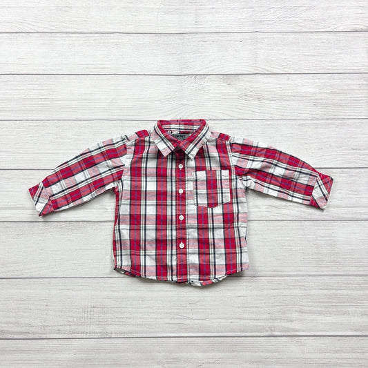 DKNY Infant Boys Plaid Button Up Shirt Red Long Sleeve Collared 9-12 Months