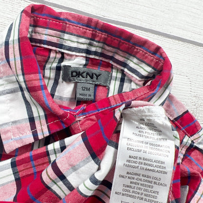 DKNY Infant Boys Plaid Button Up Shirt Red Long Sleeve Collared 9-12 Months