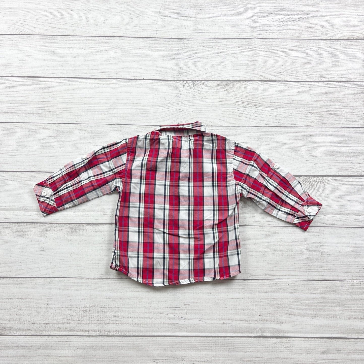 DKNY Infant Boys Plaid Button Up Shirt Red Long Sleeve Collared 9-12 Months