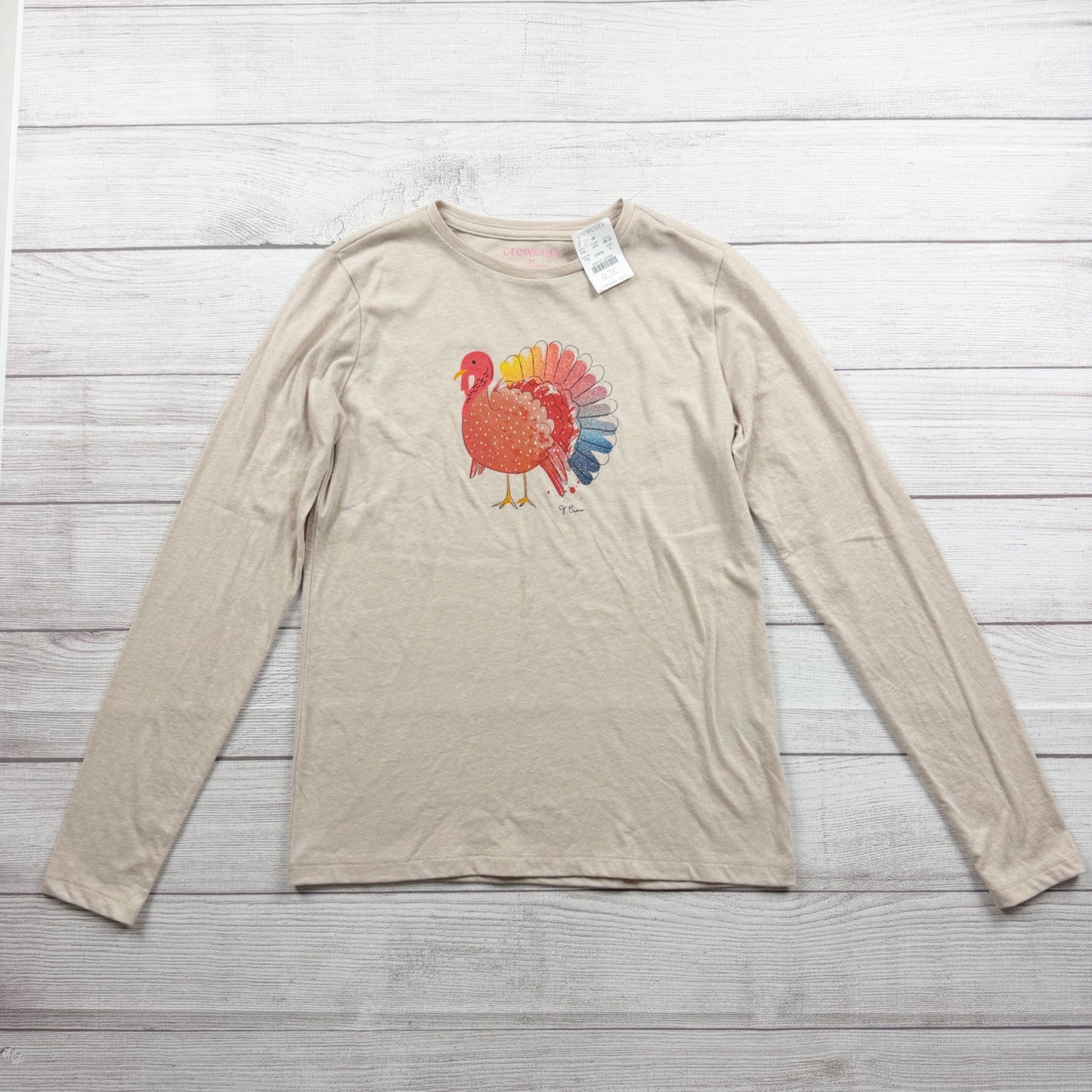 Crewcuts Girls Beige Graphic Turkey Long Sleeve Tee Cotton Blend NWT XL 12-14