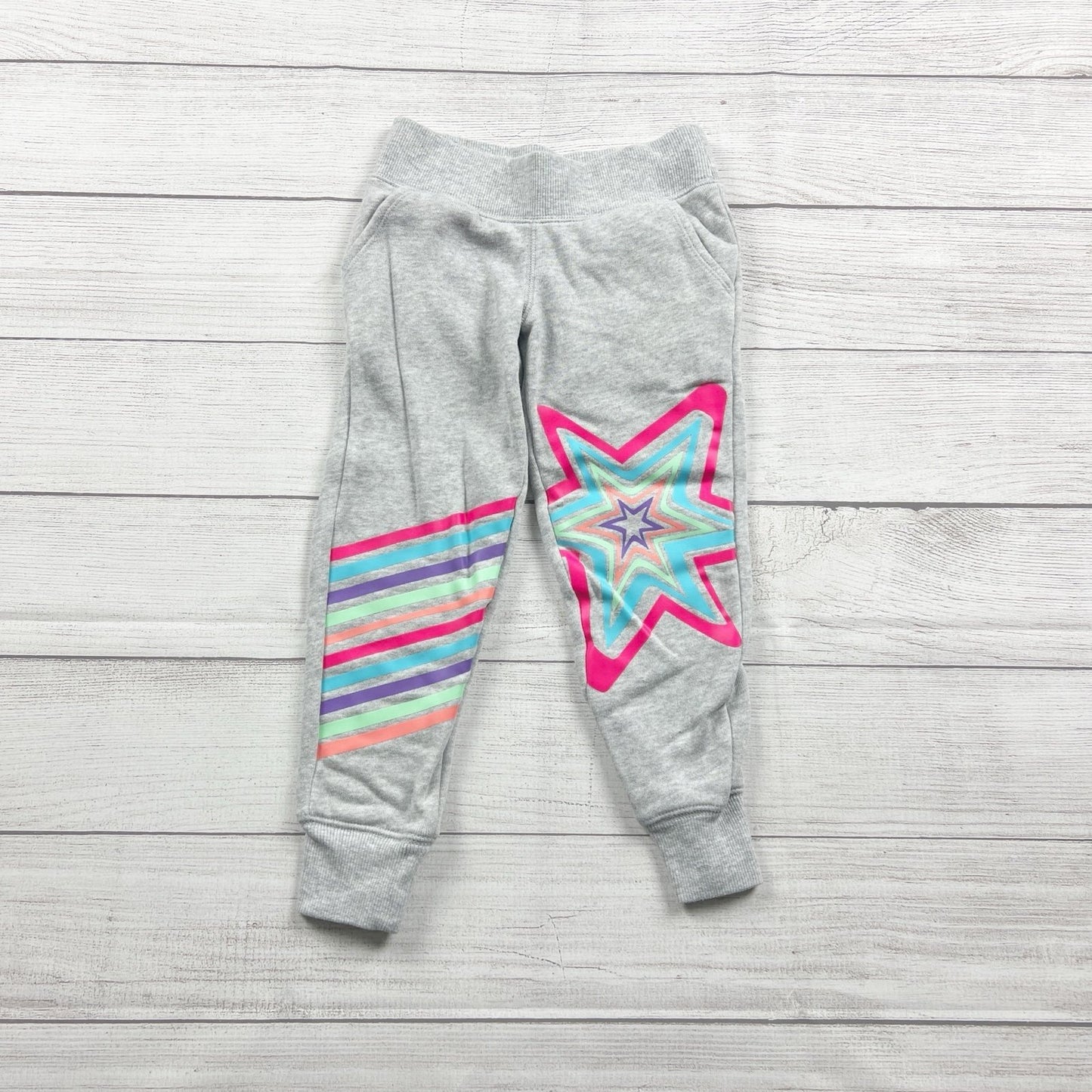 Athletic Works Girls Star Print Jogger Pants Gray Striped Design XS 4-5
