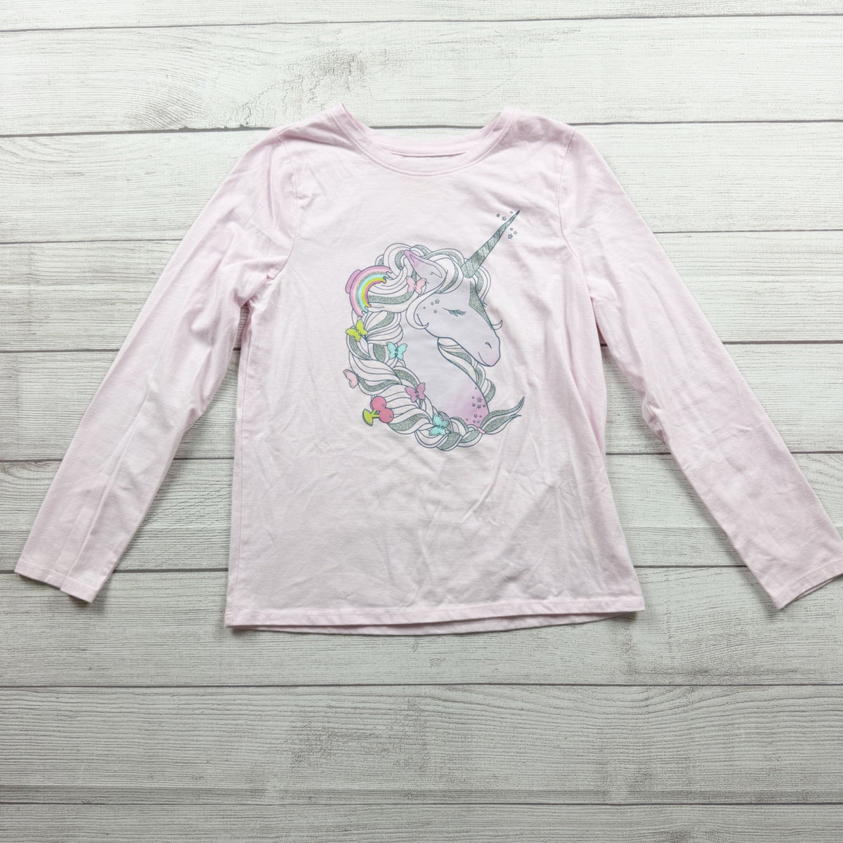 Cat & Jack Girls Unicorn Graphic Long Sleeve Tee Pink Cotton Blend L 10-12