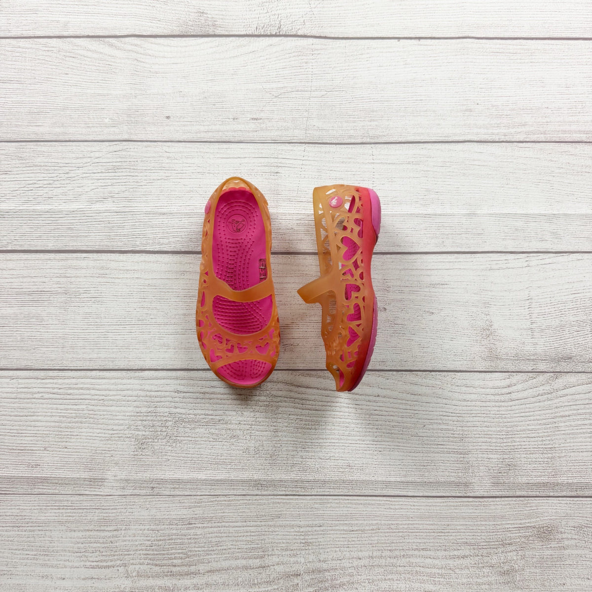 Crocs Girls Mary Jane Style Slip On Shoes Hearts Design Pink Orange US 13