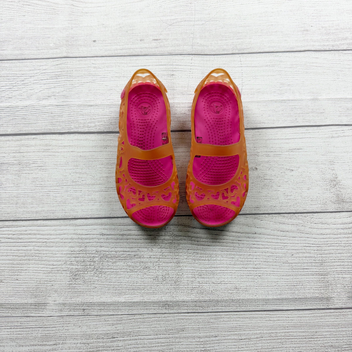 Crocs Girls Mary Jane Style Slip On Shoes Hearts Design Pink Orange US 13