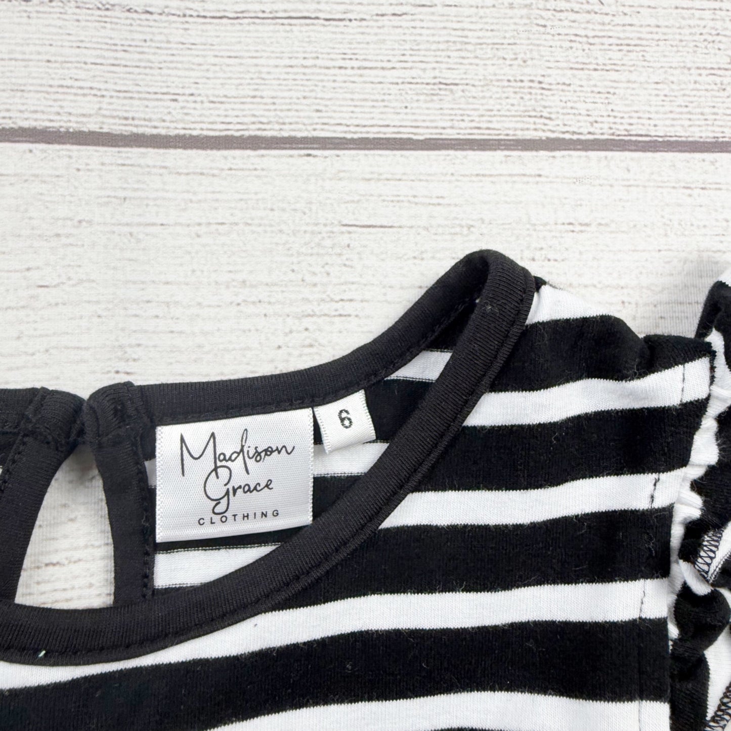 Madison Grace Girls Black White Striped Dress Flutter Sleeve Ruffle Hem Twirl 6