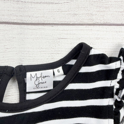 Madison Grace Girls Black White Striped Dress Flutter Sleeve Ruffle Hem Twirl 6
