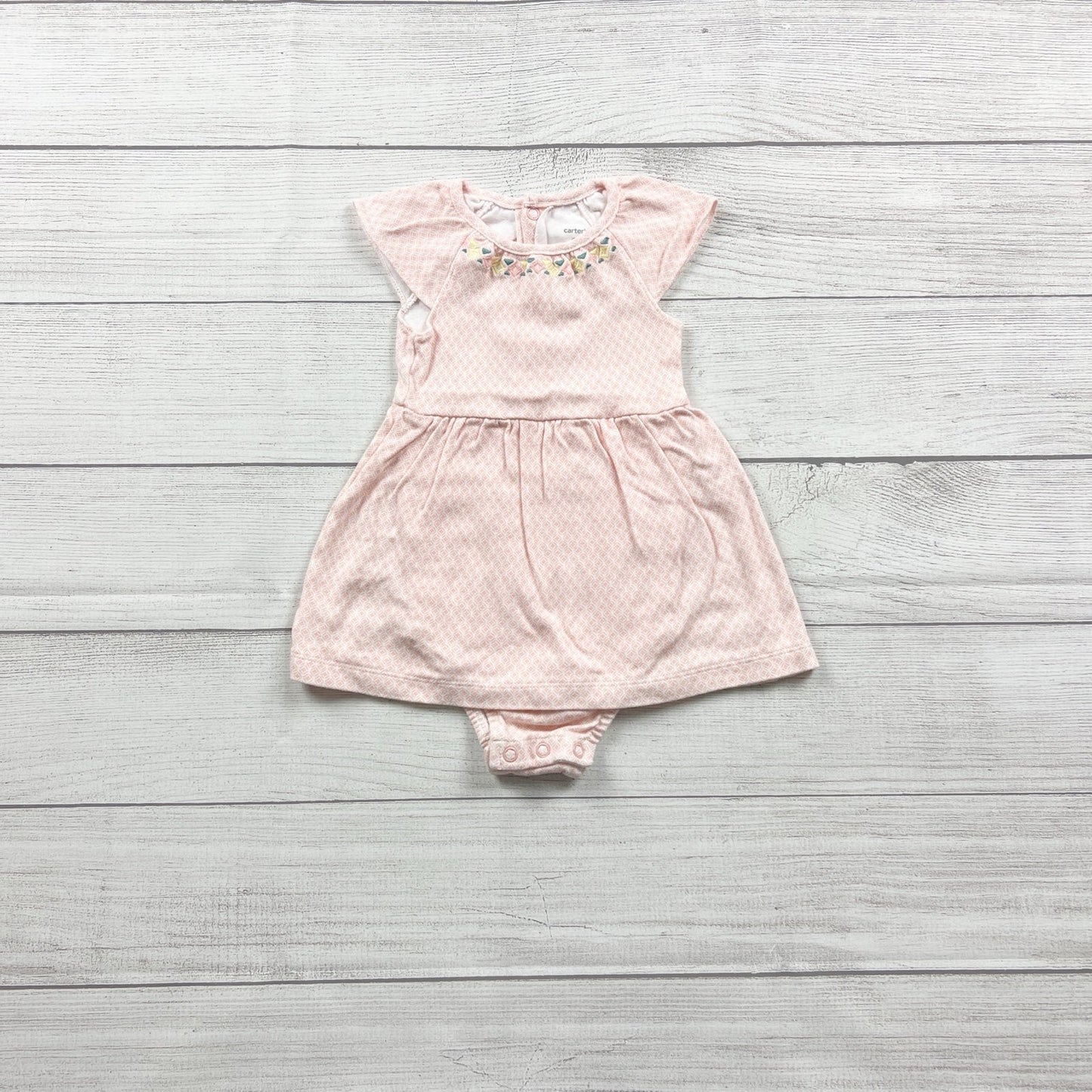 Carter’s Baby Girl Dress Bodysuit Pink Embroidered Flutter Sleeve One Piece 12 Months