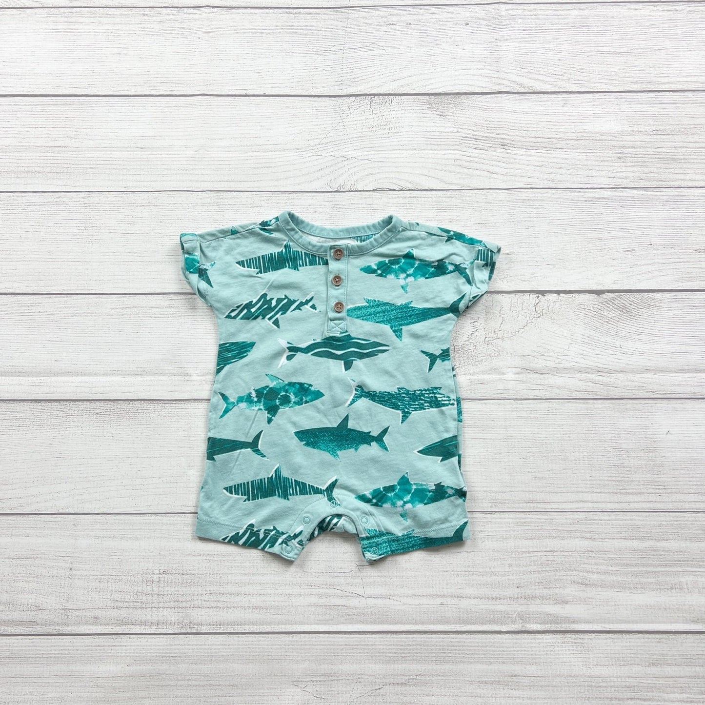 Old Navy Baby Shark Print Romper Short Sleeve Henley 3-6 Months