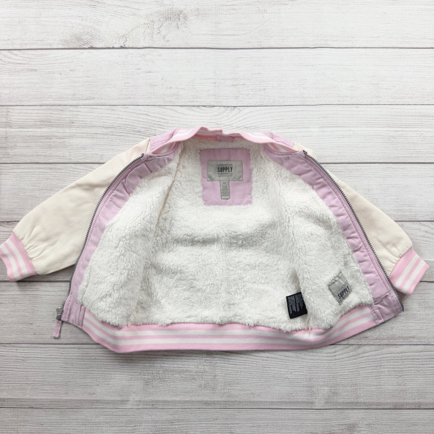 London Fog Toddler Girls Varsity Jacket Pink Sherpa Lined Bomber Zip Up 3T