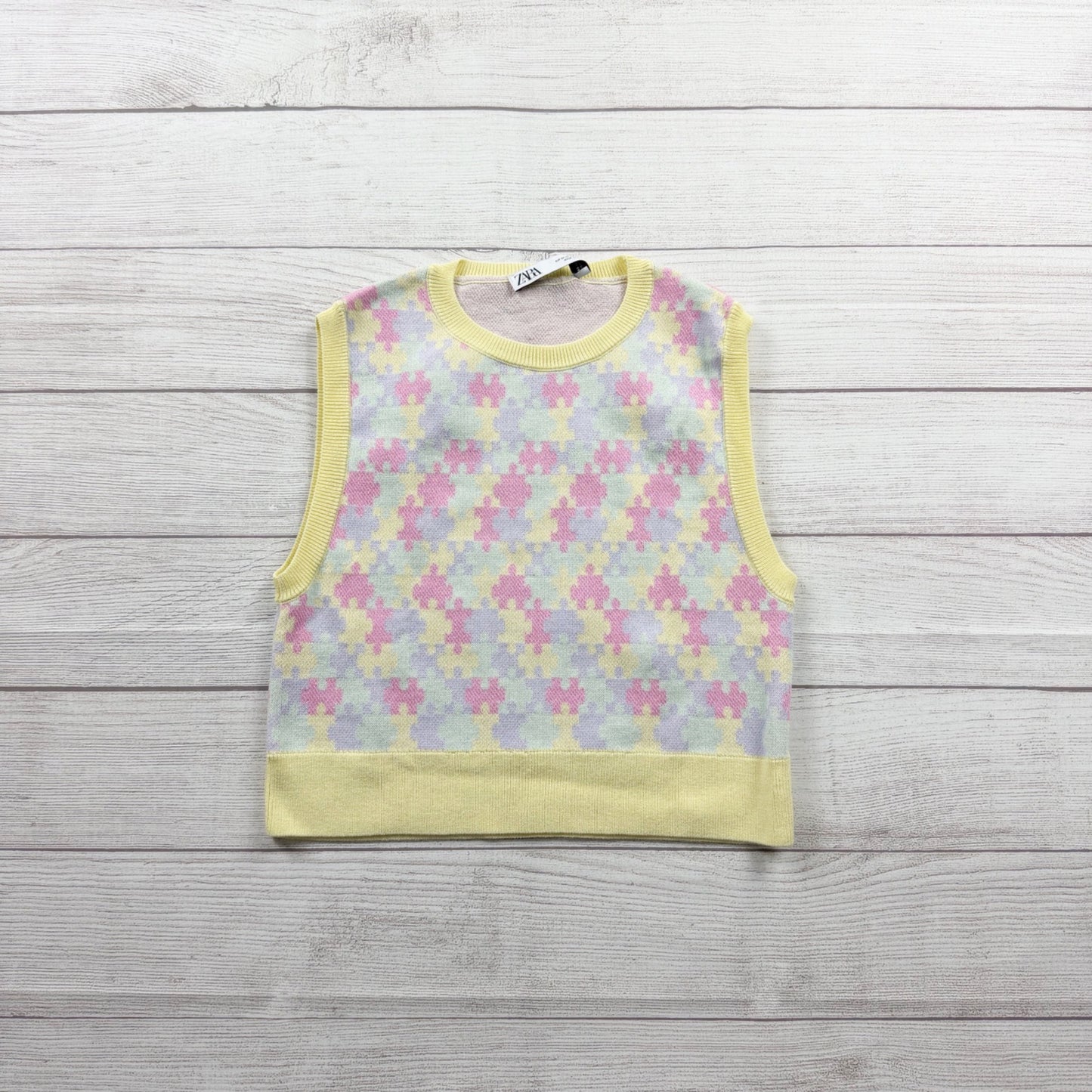 Zara Girls Sweater Vest Pastel Knit Sleeveless Pullover Yellow Trim M