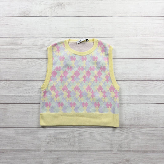 Zara Girls Sweater Vest Pastel Knit Sleeveless Pullover Yellow Trim M
