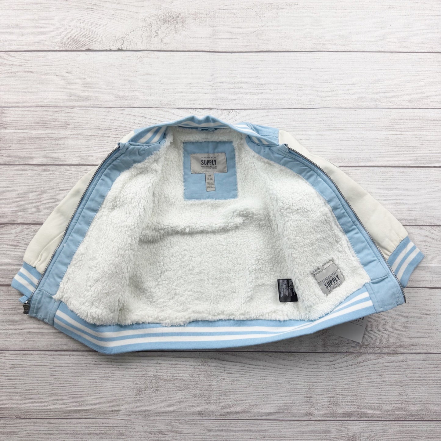 London Fog Toddler Varsity Jacket Blue White Sherpa Lined Bomber Zip Up 3T