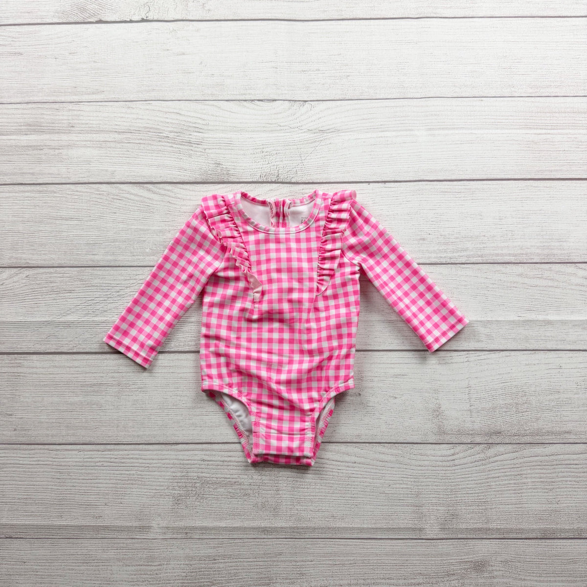 Baby Gap Pink Gingham Long Sleeve Ruffle Baby Swimsuit 0-6 Months