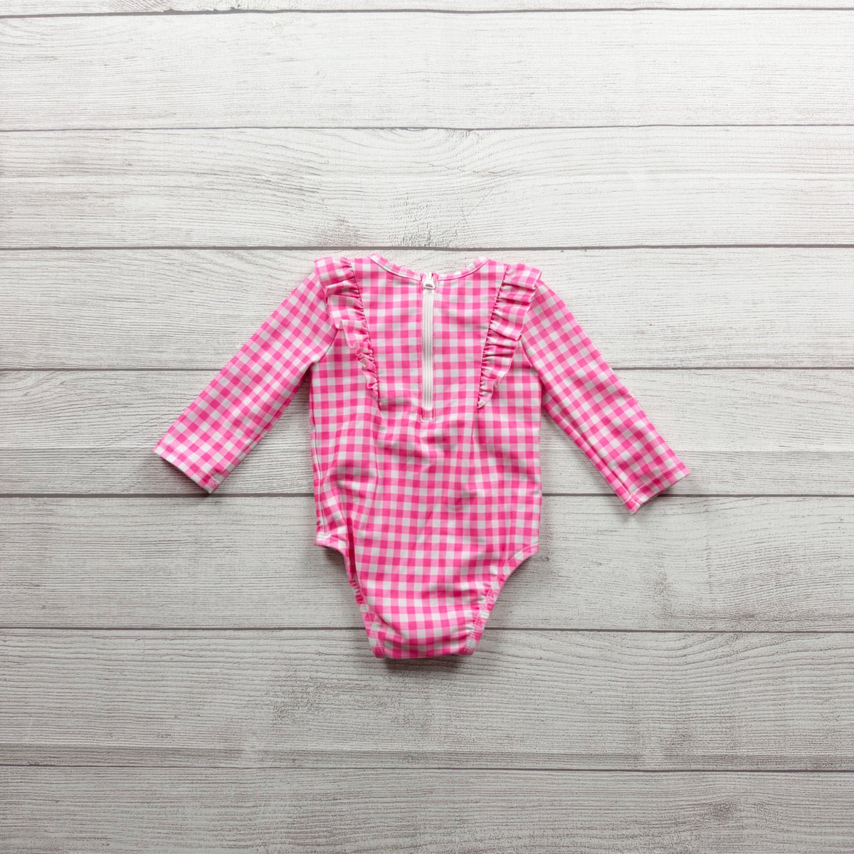 Baby Gap Pink Gingham Long Sleeve Ruffle Baby Swimsuit 0-6 Months