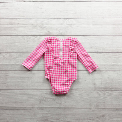 Baby Gap Pink Gingham Long Sleeve Ruffle Baby Swimsuit 0-6 Months