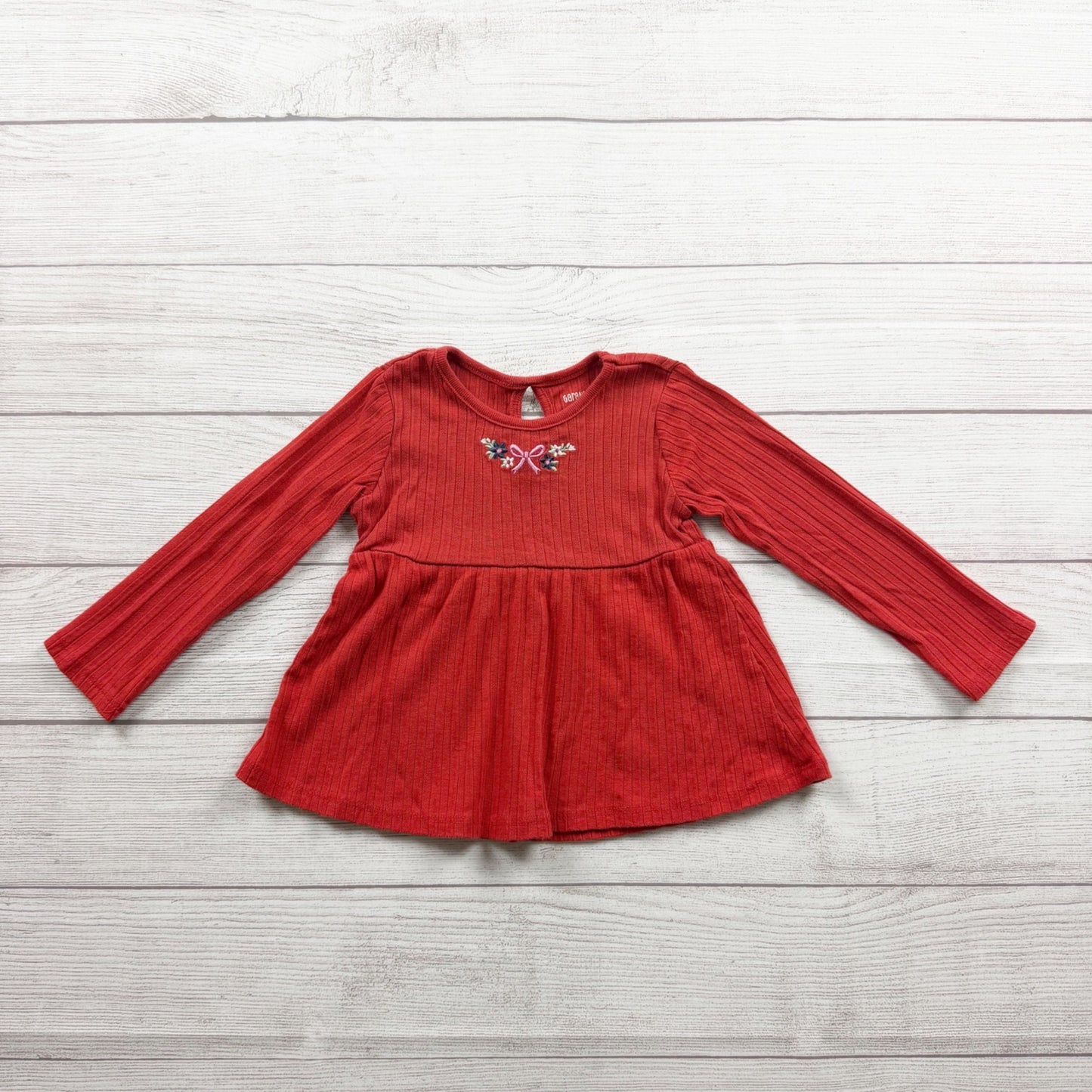 Garanimals Toddler Girls Red Long Sleeve Top Ribbed Floral Embroidery 2T