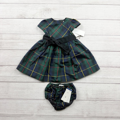 Ralph Lauren Girls Tartan Plaid Dress Set Puff Sleeve Bloomers NWT 6-9 Months