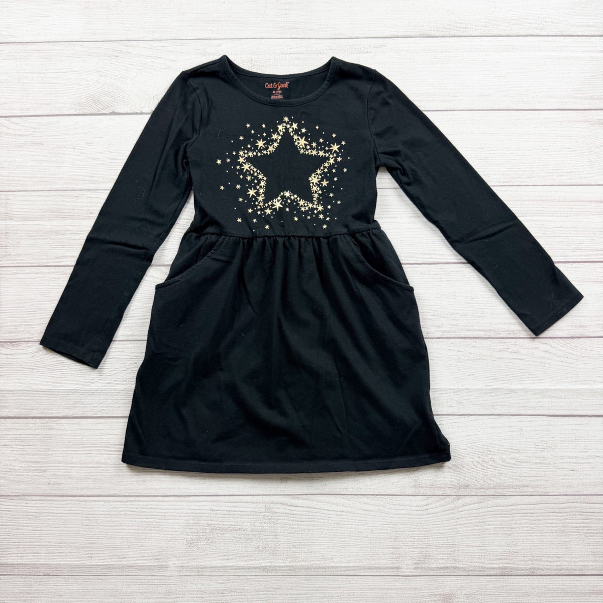 Cat & Jack Black Star Graphic Long Sleeve Pocket A-Line Dress Girls M 7-8