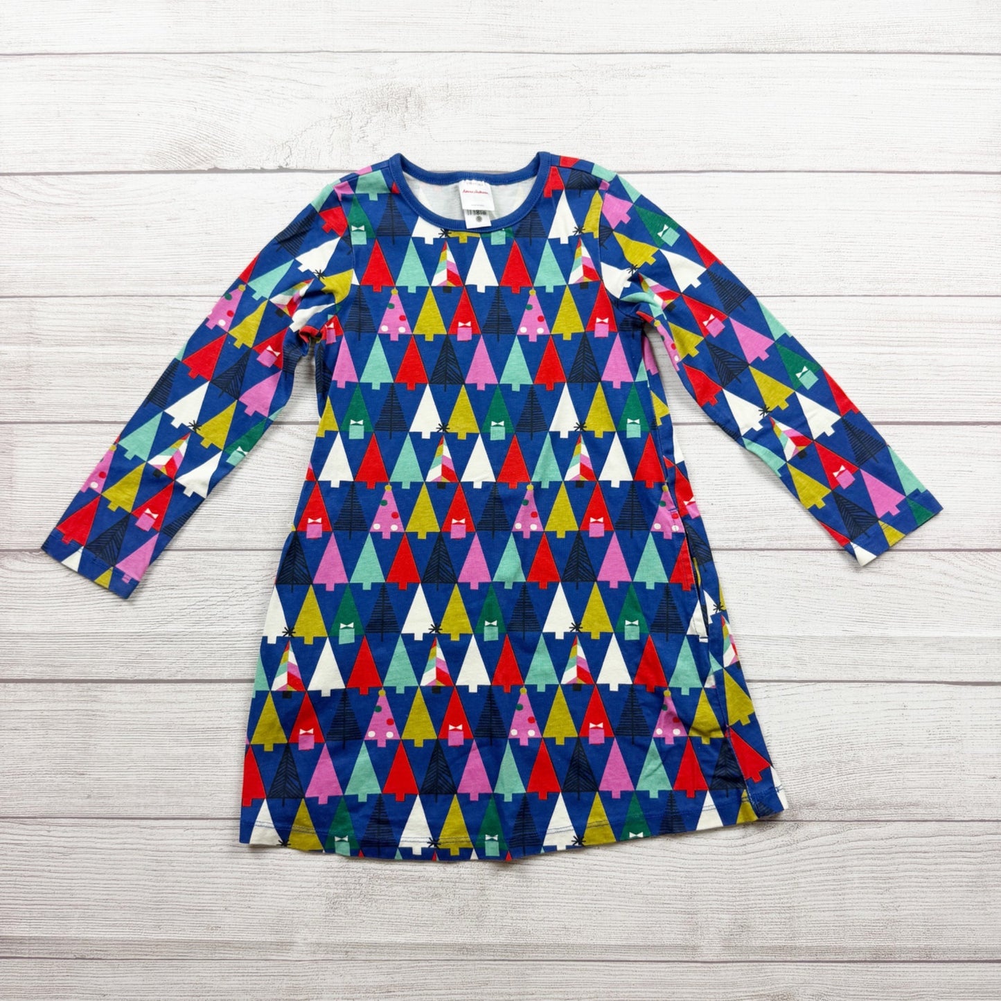 Hanna Andersson Girls Geometric Tree Long Sleeve Dress Blue Multi Cotton 5