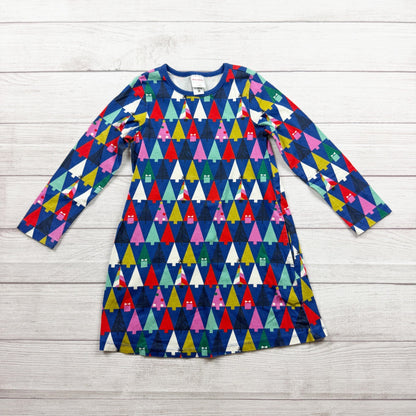 Hanna Andersson Girls Geometric Tree Long Sleeve Dress Blue Multi Cotton 5