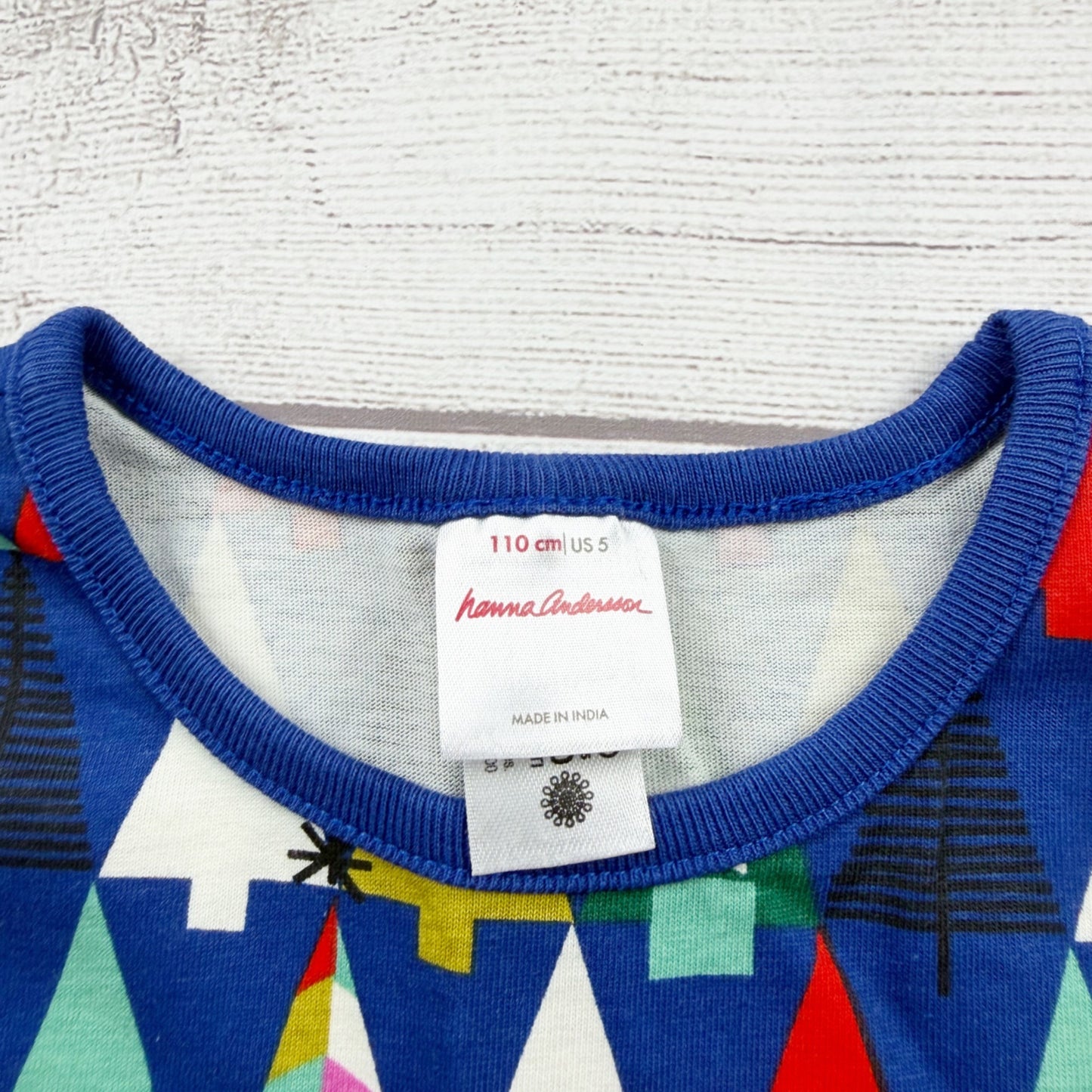 Hanna Andersson Girls Geometric Tree Long Sleeve Dress Blue Multi Cotton 5