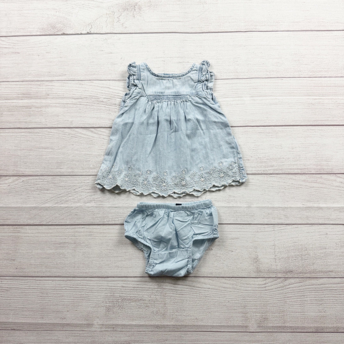 Gap Denim Baby Dress Bloomers Set Light Blue Embroidered Outfit 0-3 Months
