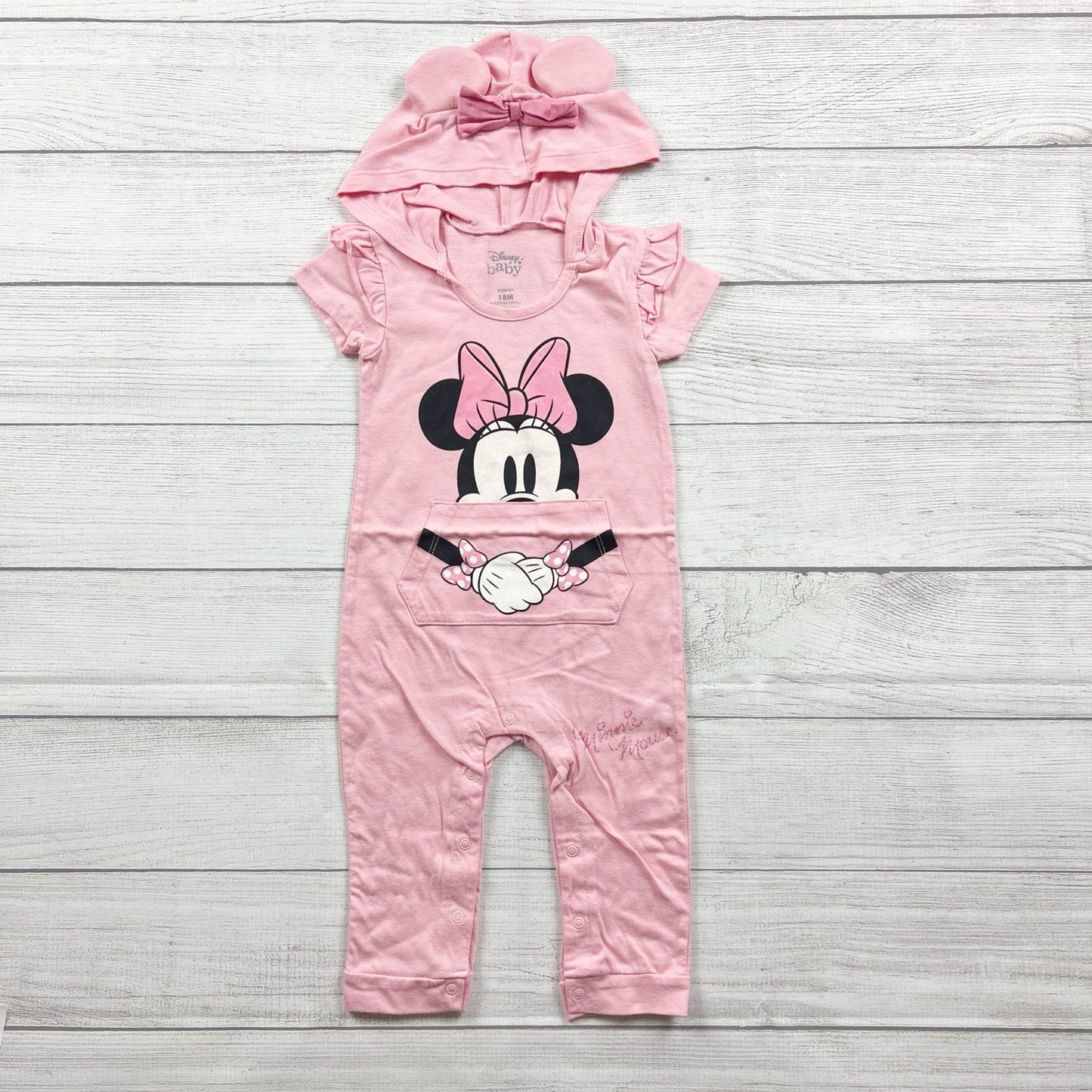 Disney Baby Minnie Mouse Romper Hooded One Piece Bow Ears 12-18 Months