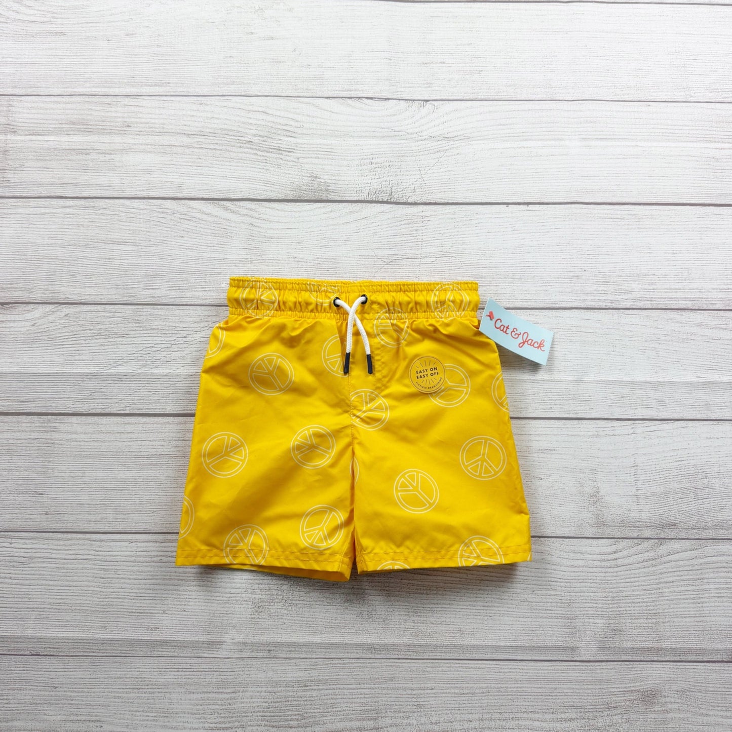 Cat & Jack Boys Yellow Swim Trunks Peace Sign Print Mesh Lining NWT 3T