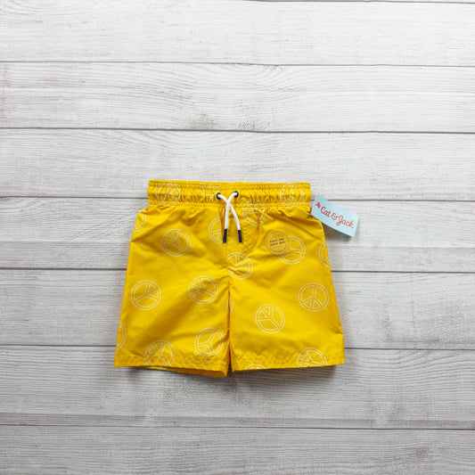 Cat & Jack Boys Yellow Swim Trunks Peace Sign Print Mesh Lining NWT 3T
