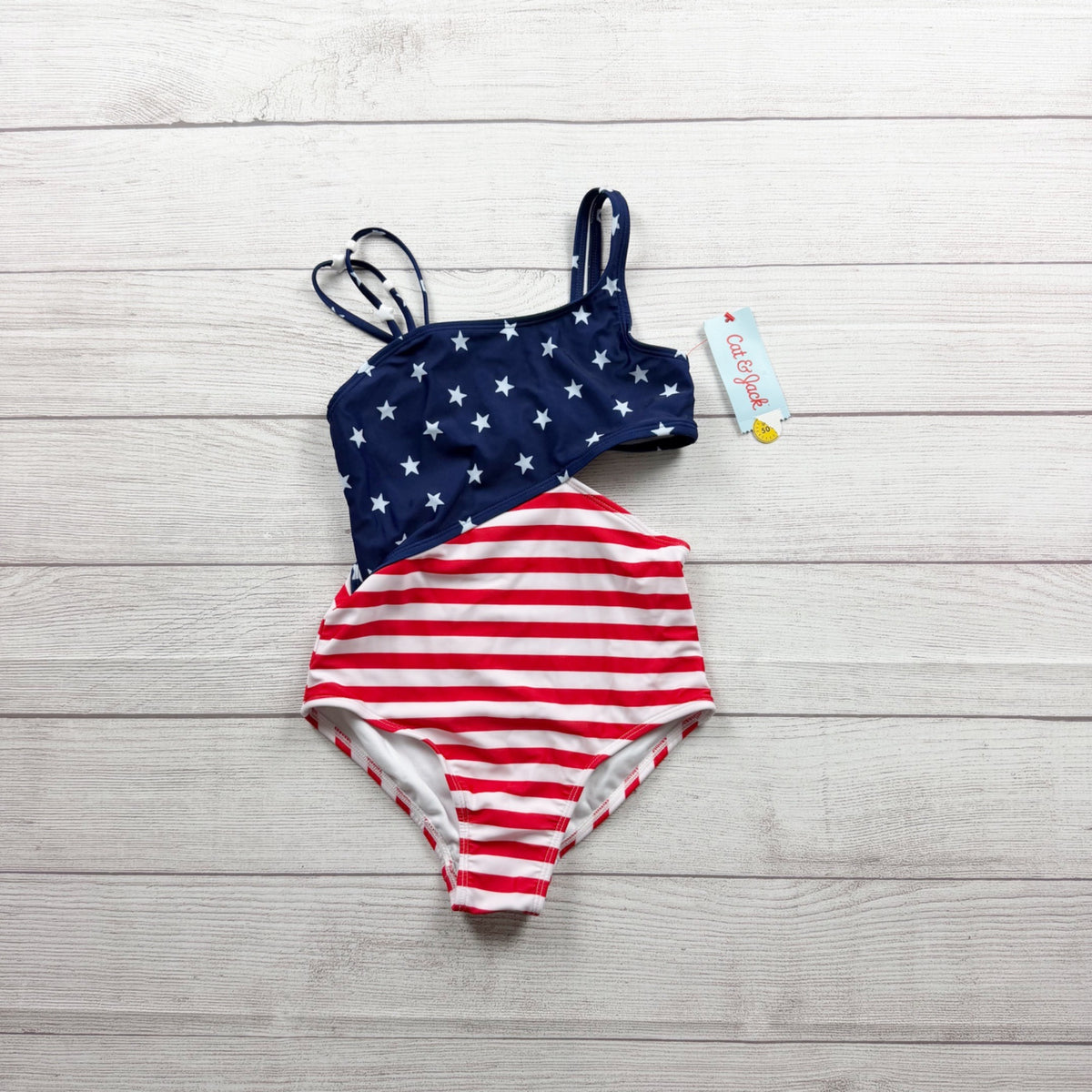 Cat & Jack Girls One Piece Swimsuit Stars Stripes Red White Blue Cutout NWT M 8
